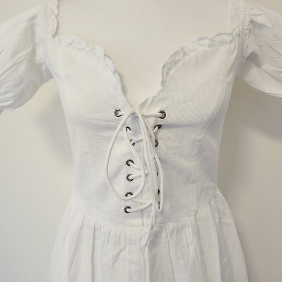 White Puff Sleeve Lace Up Milkmaid Puff Sleeve Sweetheart Skater Dress Cotton - Picture 6 of 15